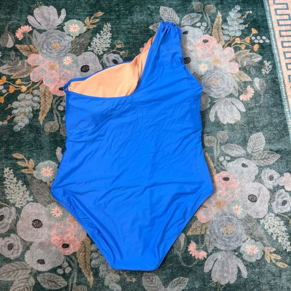 J. Crew One-Piece Swimsuit 20 plus Blue Ruched One-Shoulder Swim Bathing Suit